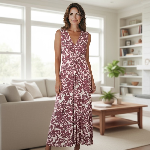 Amour Vert Verona Truffle Olivette Dream Knit Maxi Floral Dress Ruched Sz Medium - Picture 1 of 10
